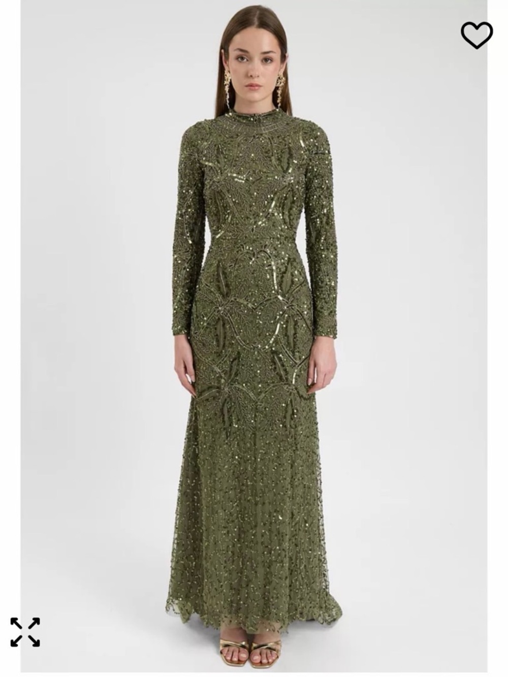 Olive Green Long Sleeve Sequin Embellished Evening Gown